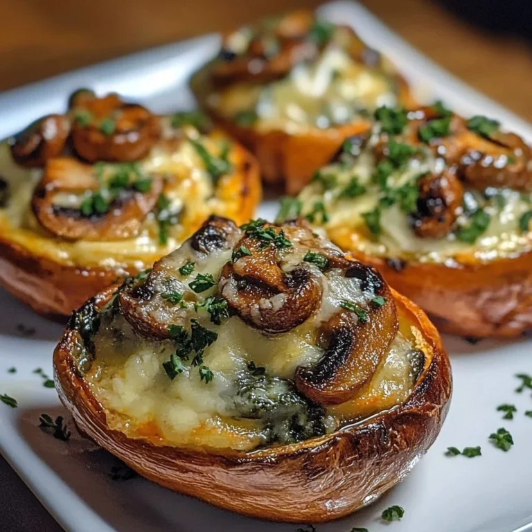 Creamy mushroom and spinach stuffed sweet potatoes on a plate