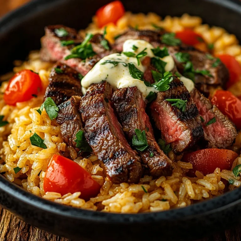 Creamy Queso Rice with juicy steak strips served in a bowl