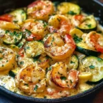 Creamy shrimp zucchini skillet dish served in a frying pan