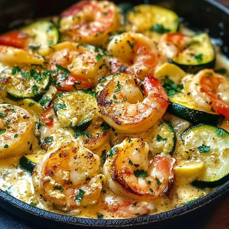 Creamy shrimp zucchini skillet dish served in a frying pan