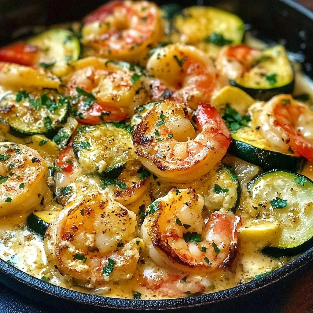 Creamy shrimp zucchini skillet dish served in a frying pan