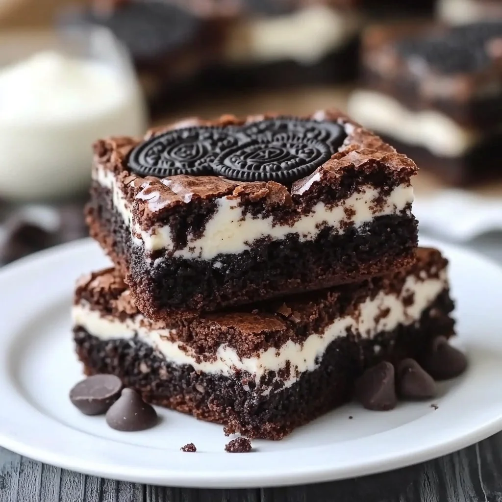 Decadent Oreo brownies topped with crushed Oreos and melted chocolate