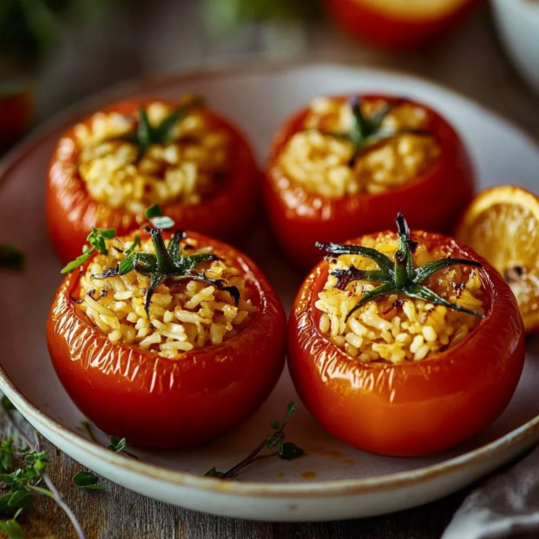 Baked Roman rice stuffed tomatoes garnished and ready to serve