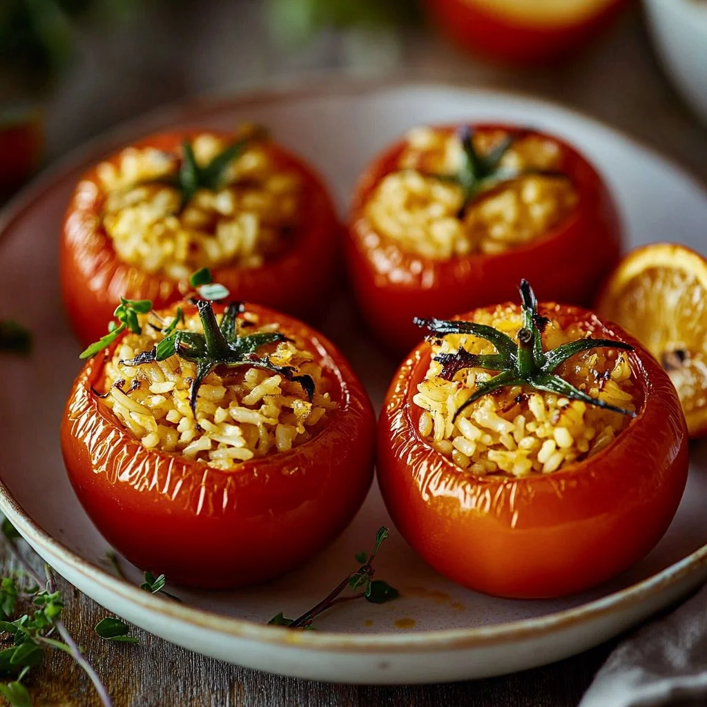 Baked Roman rice stuffed tomatoes garnished and ready to serve