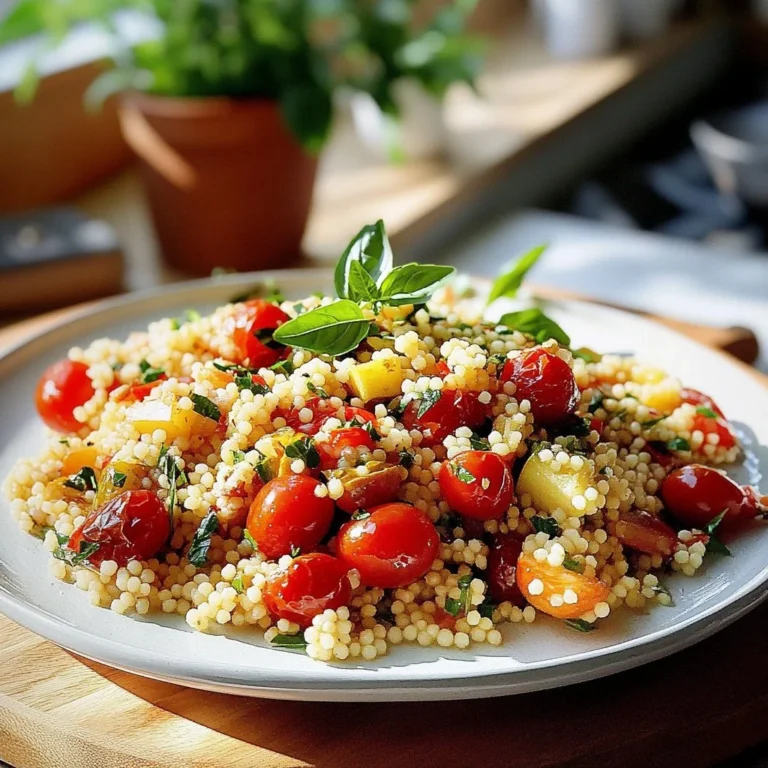 Delightful pearled couscous dish garnished with fresh herbs and vegetables