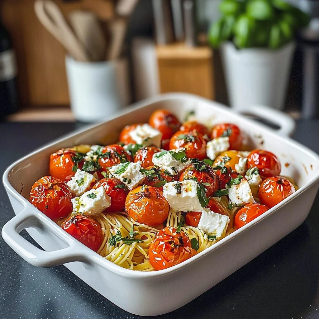 Easy baked feta pasta with cherry tomatoes and fresh herbs in a baking dish