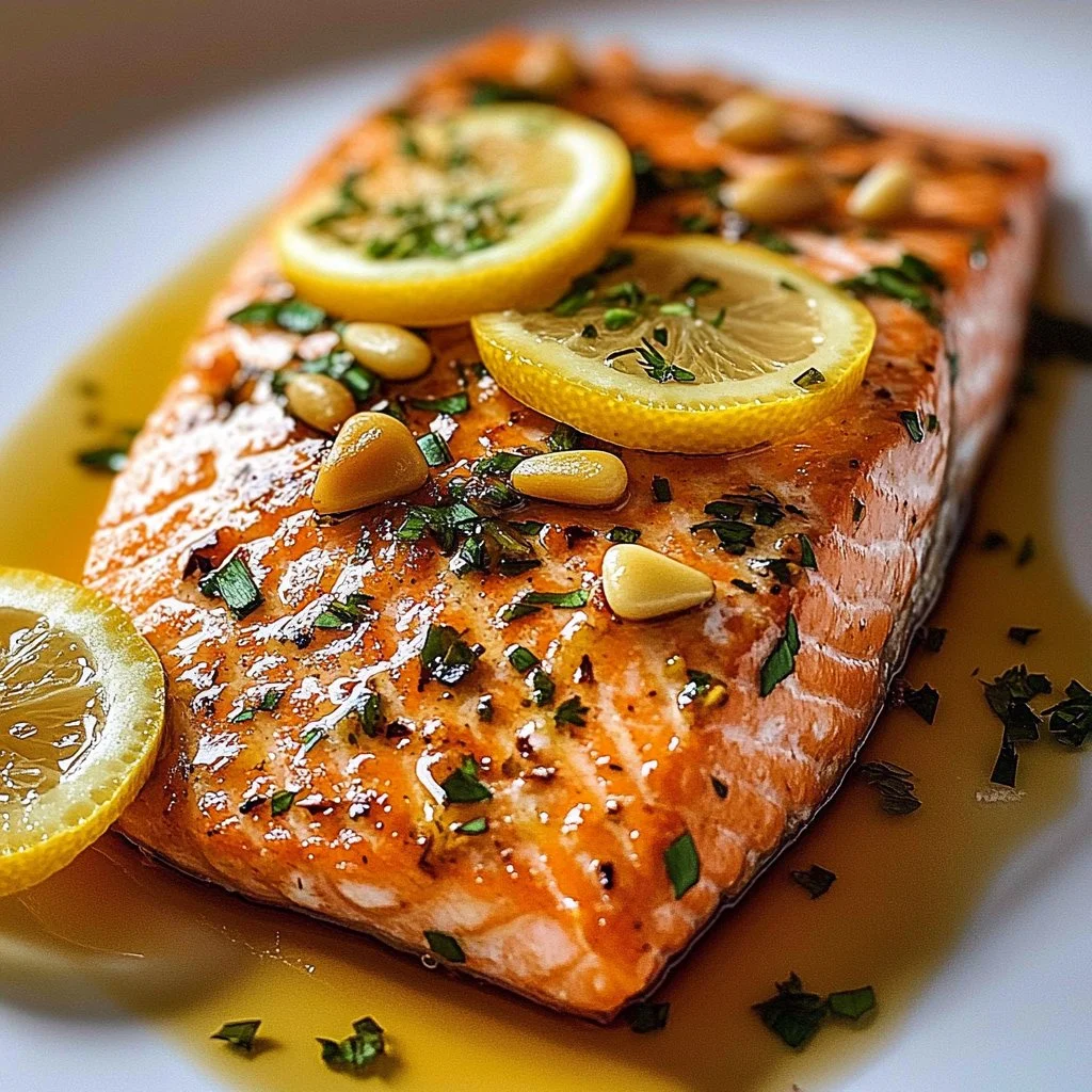 Plate of baked salmon with herbs and lemon slices