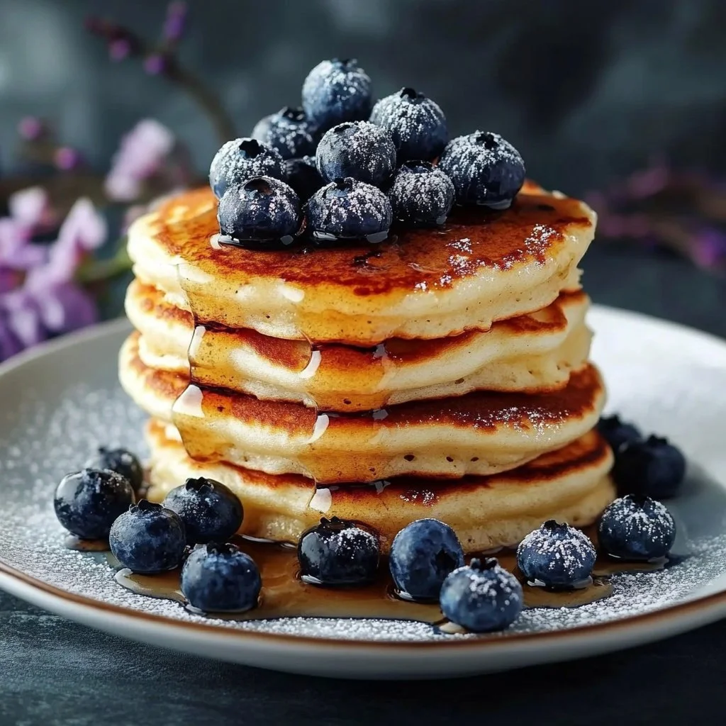 Stack of fluffy blueberry pancakes topped with fresh berries and syrup