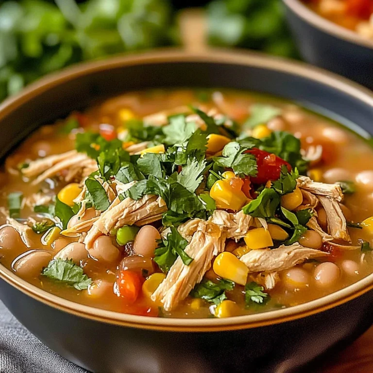 Bowl of easy white chicken chili topped with cilantro and avocado