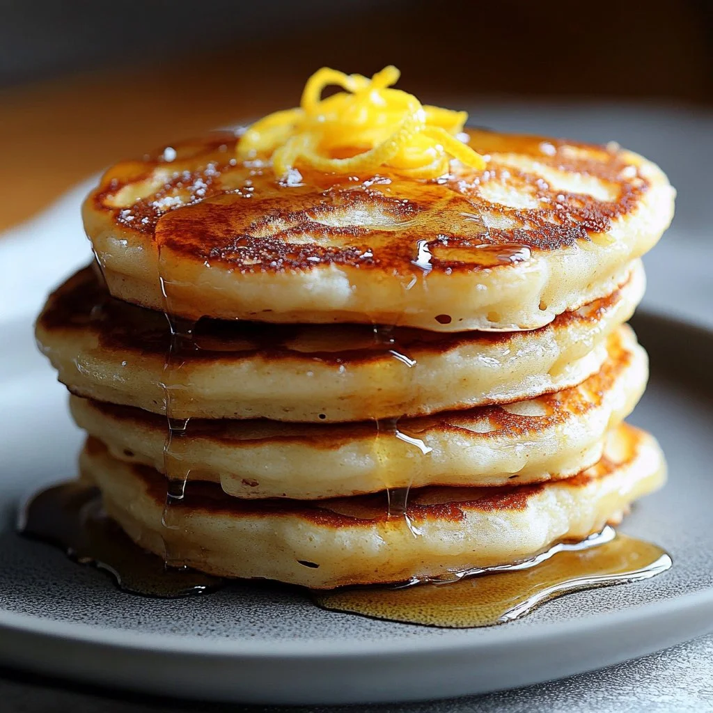 Fluffy lemon ricotta pancakes stacked with fresh lemon zest and syrup.