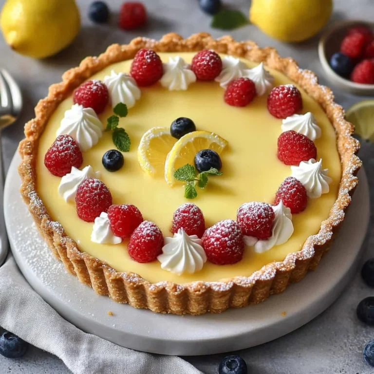 Delicious French lemon cream tart with lemon zest and whipped cream topping.