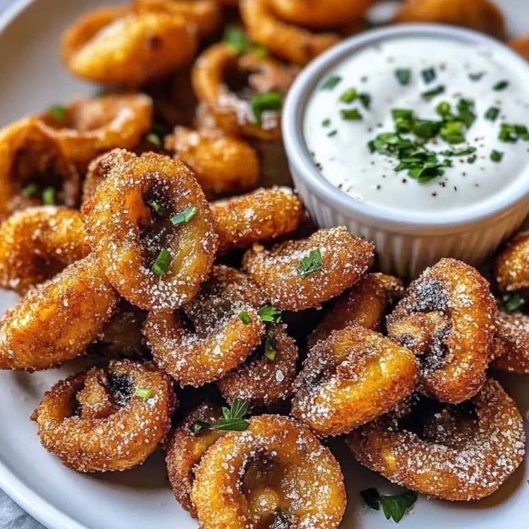 Plate of fried sliced mushrooms served with ranch dressing