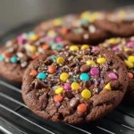 Delicious fudgy Cosmic Brownie Cookies topped with colorful sprinkles.
