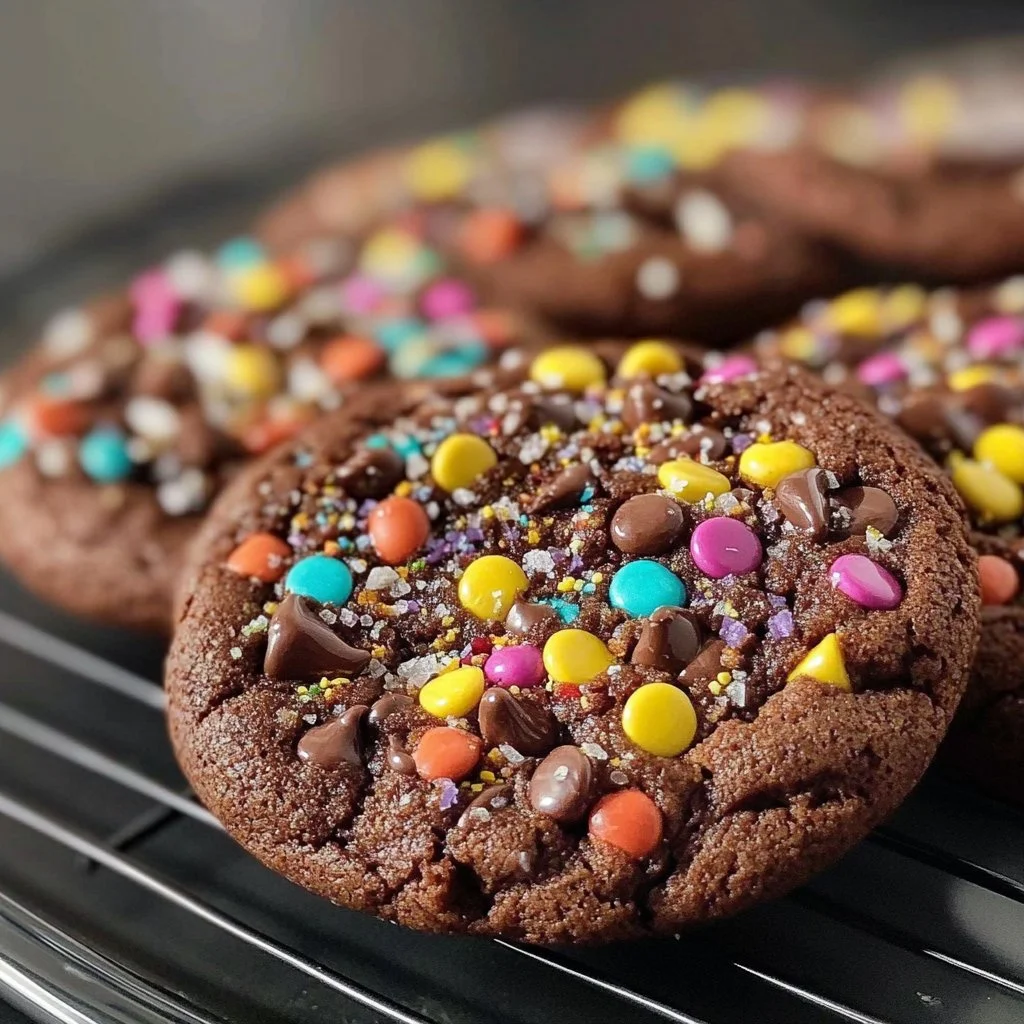 Delicious fudgy Cosmic Brownie Cookies topped with colorful sprinkles.