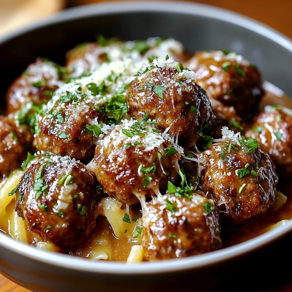 Garlic Butter Meatballs served on a plate with herbs and garlic sauce