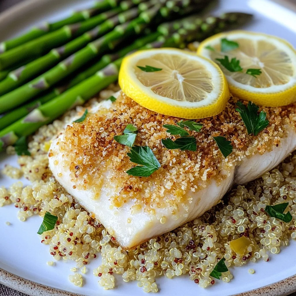 Garlic Parmesan Crusted Halibut served on a plate with fresh herbs