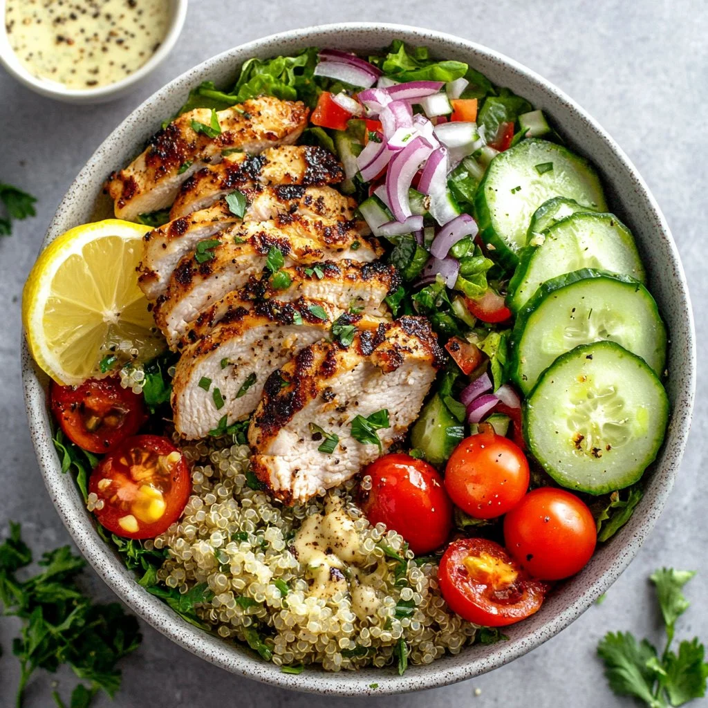 Healthy Greek Chicken Bowl with fresh vegetables and feta cheese