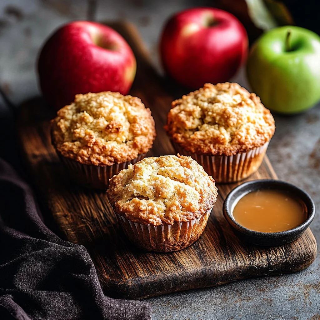 Greek yogurt apple cinnamon muffins in a rustic kitchen setting