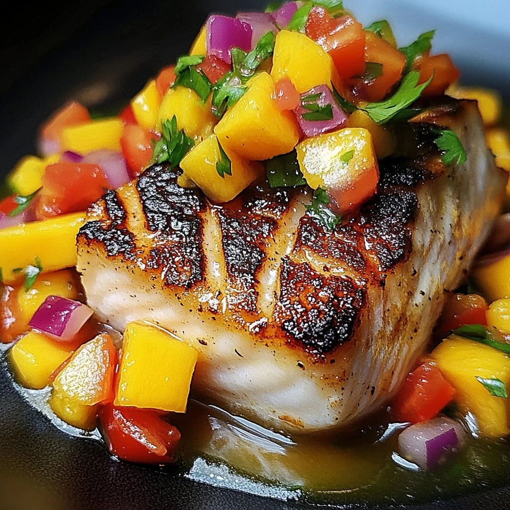 Grilled tuna steaks served with vibrant mango salsa on a white plate.