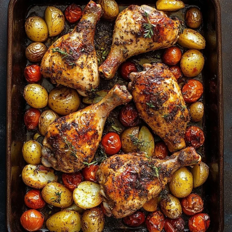 Sheet pan with herby harissa roasted chicken and vegetables, easy one-pan meal.