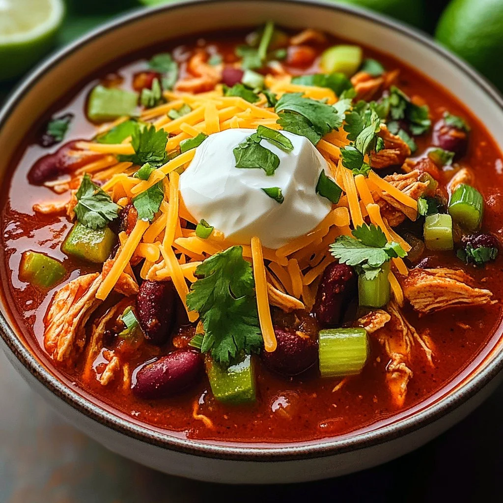 Bowl of high protein chicken chili garnished with cilantro and lime