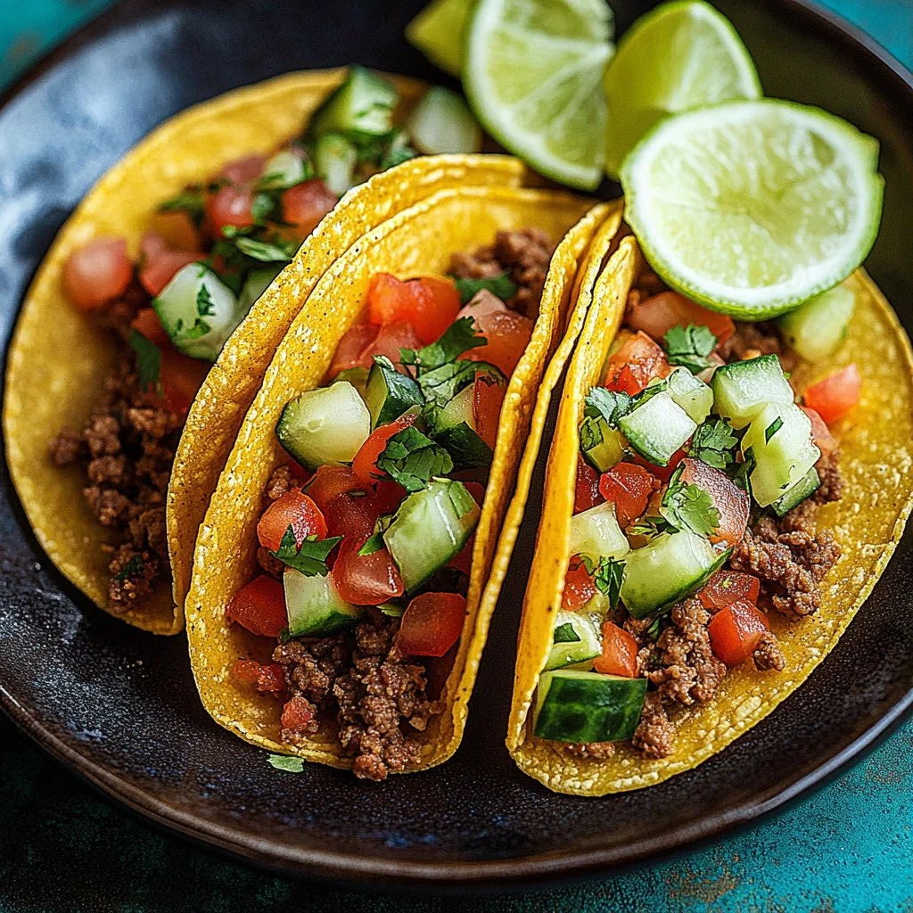 Crispy ground beef tacos served on a plate with toppings