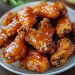 Plate of honey BBQ chicken strips garnished with herbs