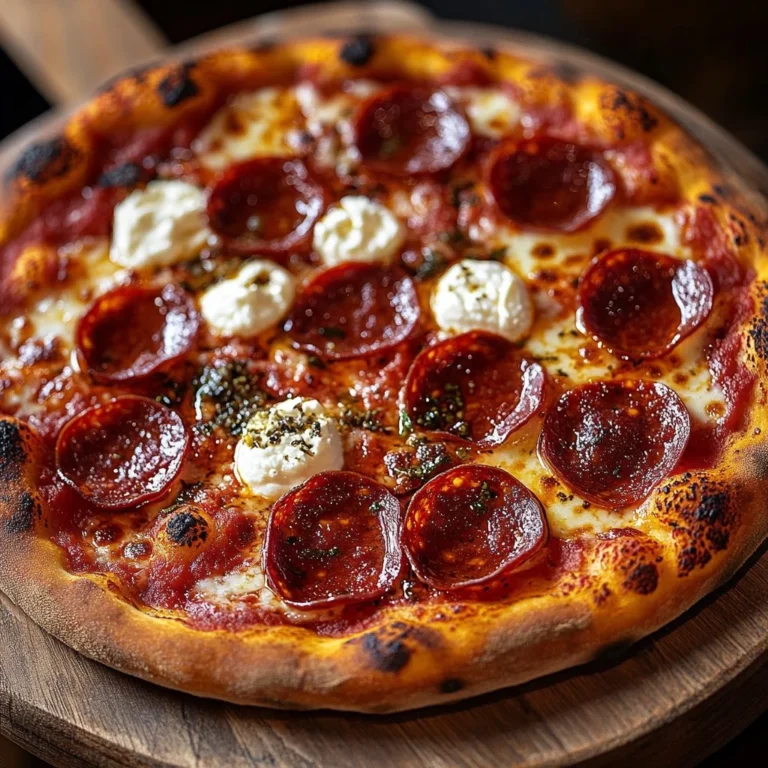 Hot Honey Pepperoni Pizza topped with creamy ricotta cheese