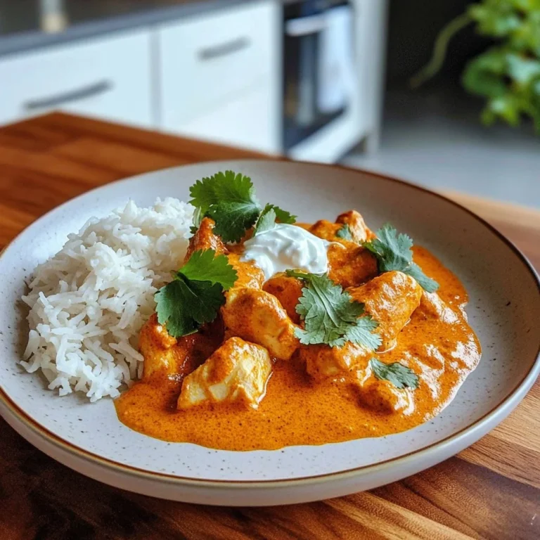 Delicious butter chicken served with naan and rice, showcasing vibrant colors and rich flavors.