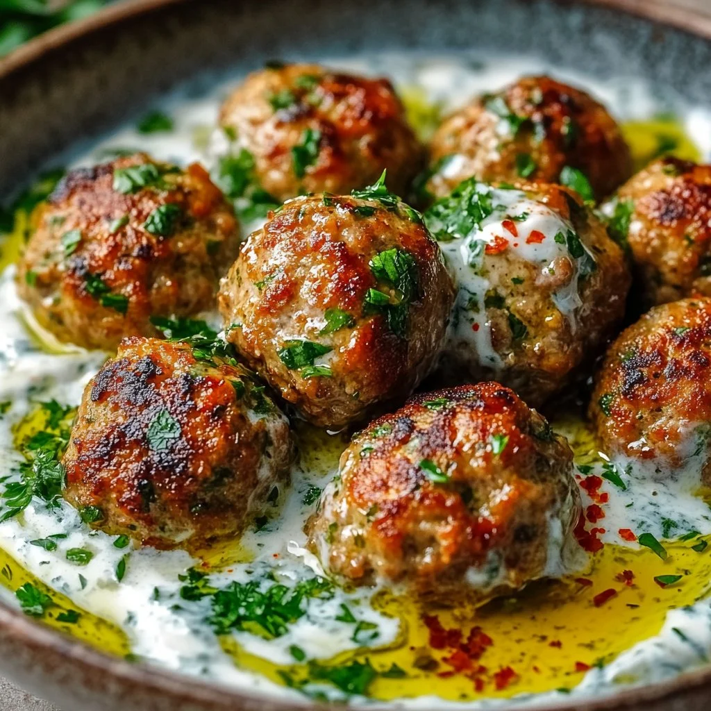 Plate of chicken kofta served with creamy garlic yogurt sauce