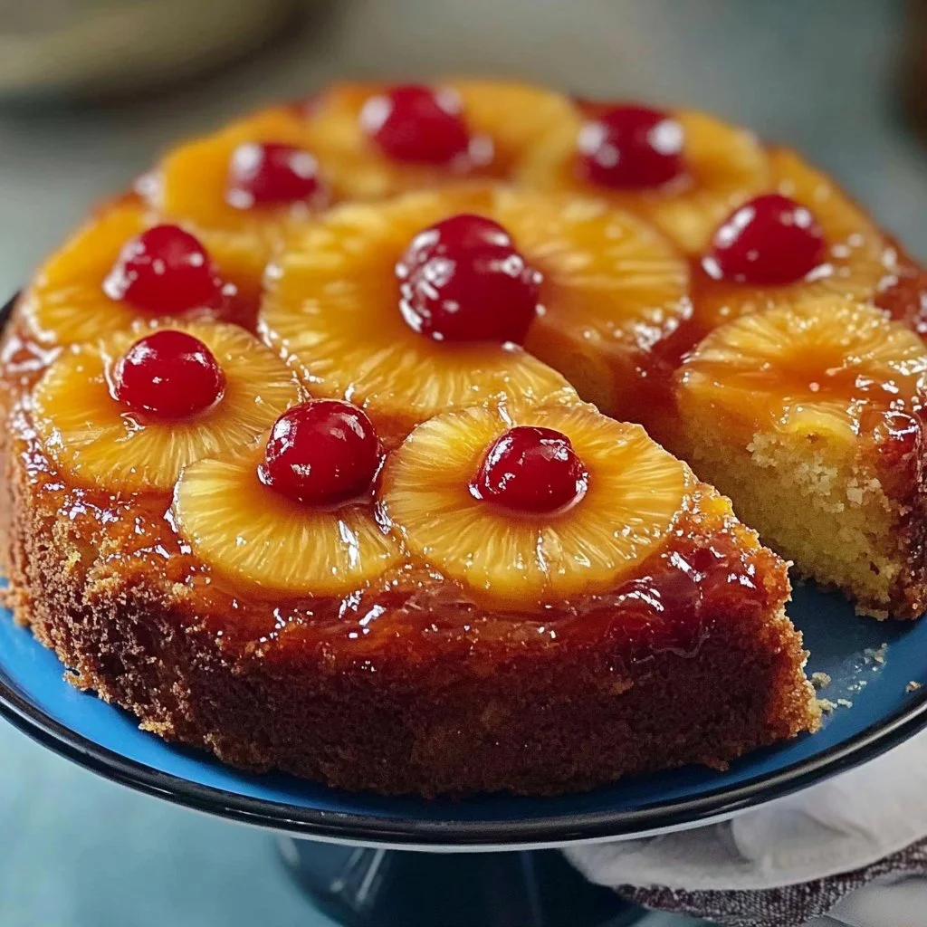 Delicious homemade Pineapple Upside Down Cake served on a plate