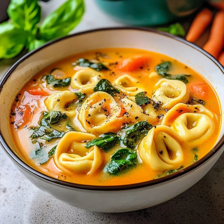 Bowl of irresistibly creamy tortellini soup, garnished with herbs.