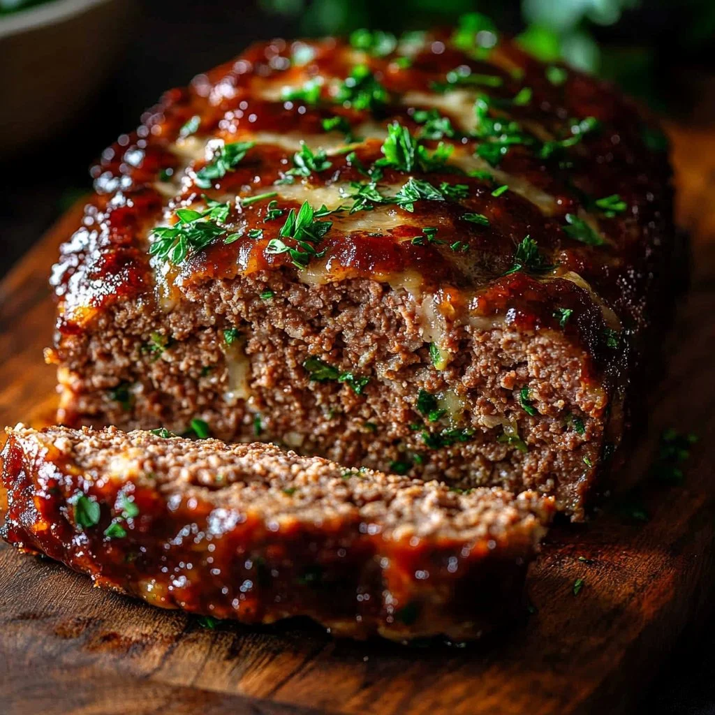 Juicy garlic parmesan chicken meatloaf served on a plate