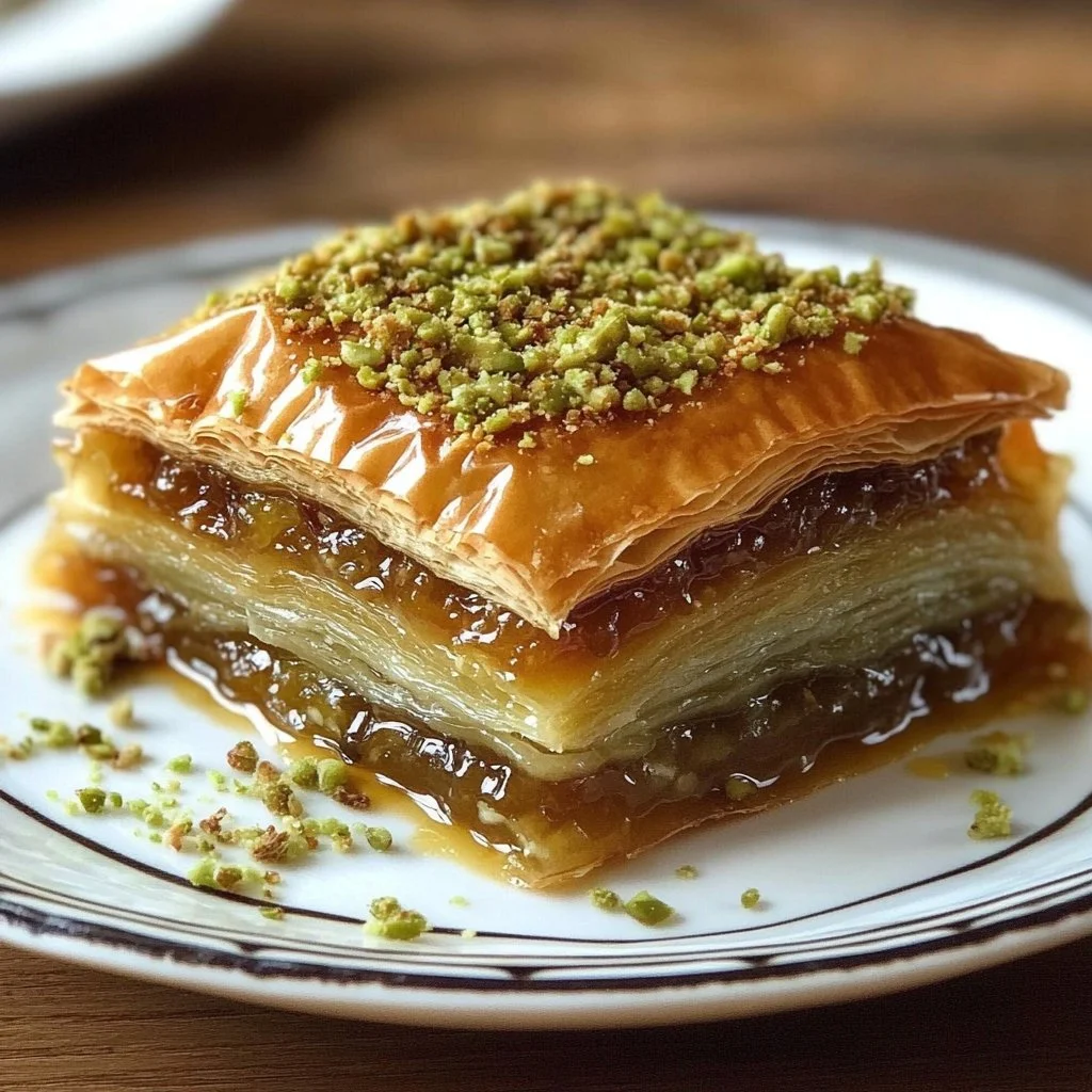 Layered custard baklava with nuts drizzled in honey syrup
