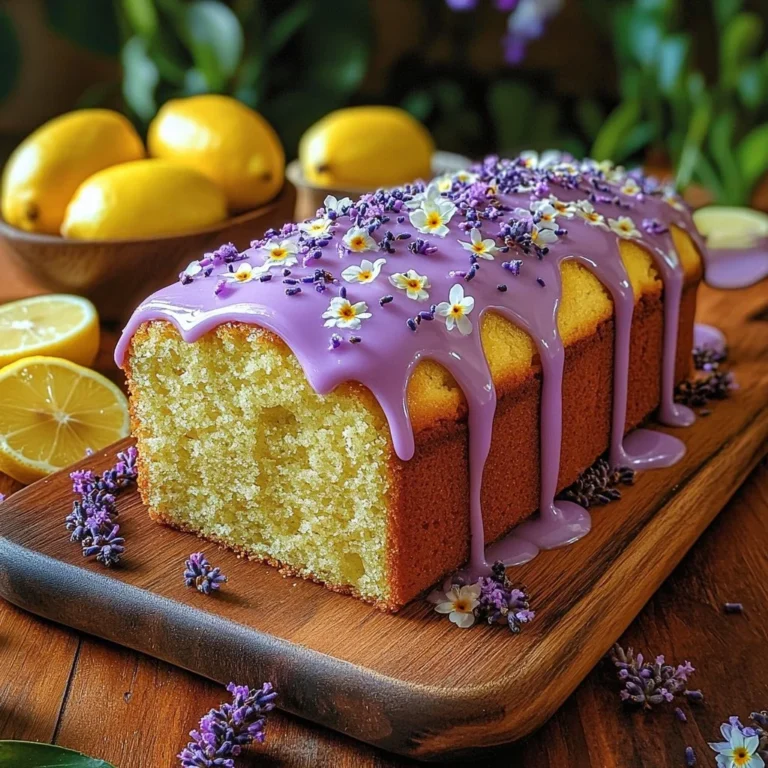 Delicious homemade Lemon Lavender Cake garnished with lavender sprigs and lemon slices.