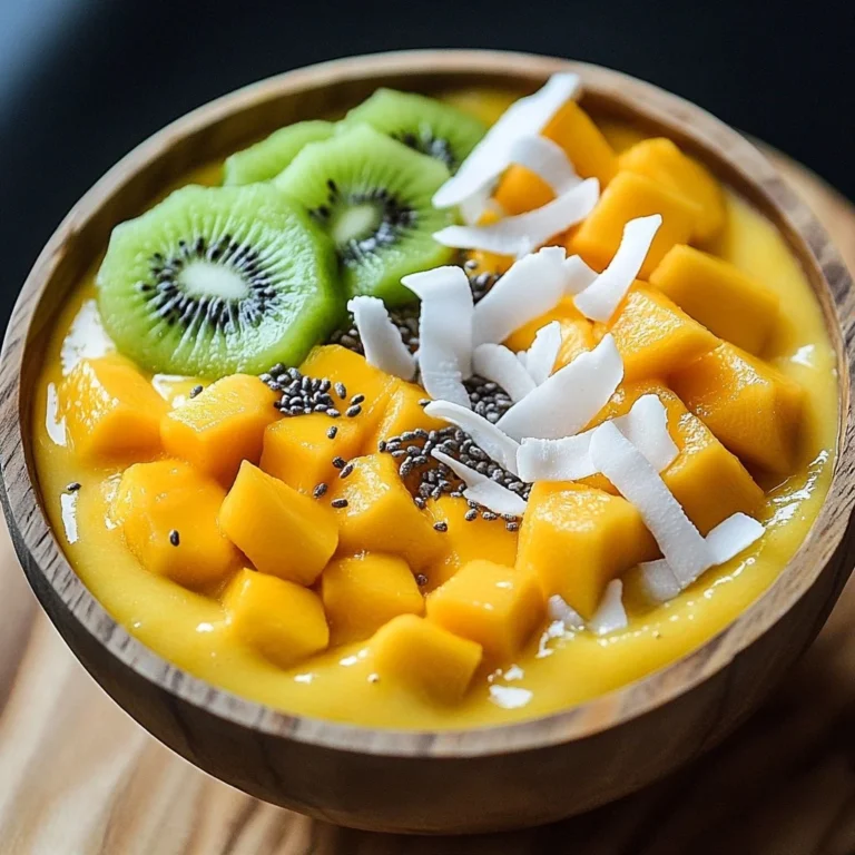 Mango pineapple smoothie bowl garnished with fresh fruit and coconut flakes