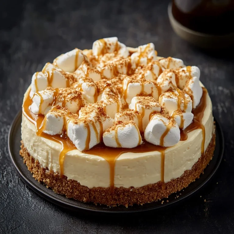 Delicious Marshmallow Cream Cheesecake topped with whipped cream and chocolate drizzle