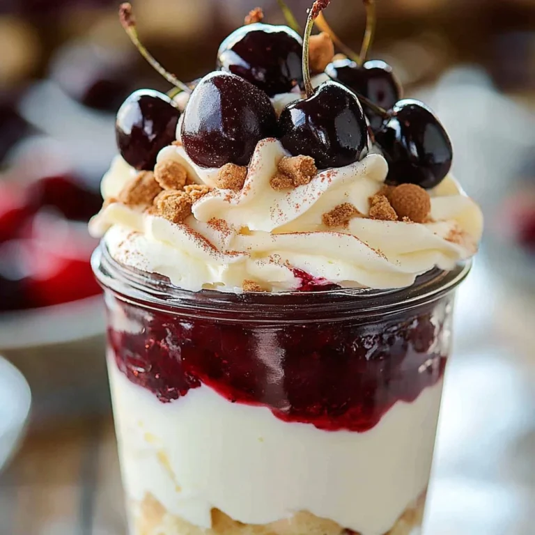 No bake cheesecake parfait with cherry pie filling in a glass