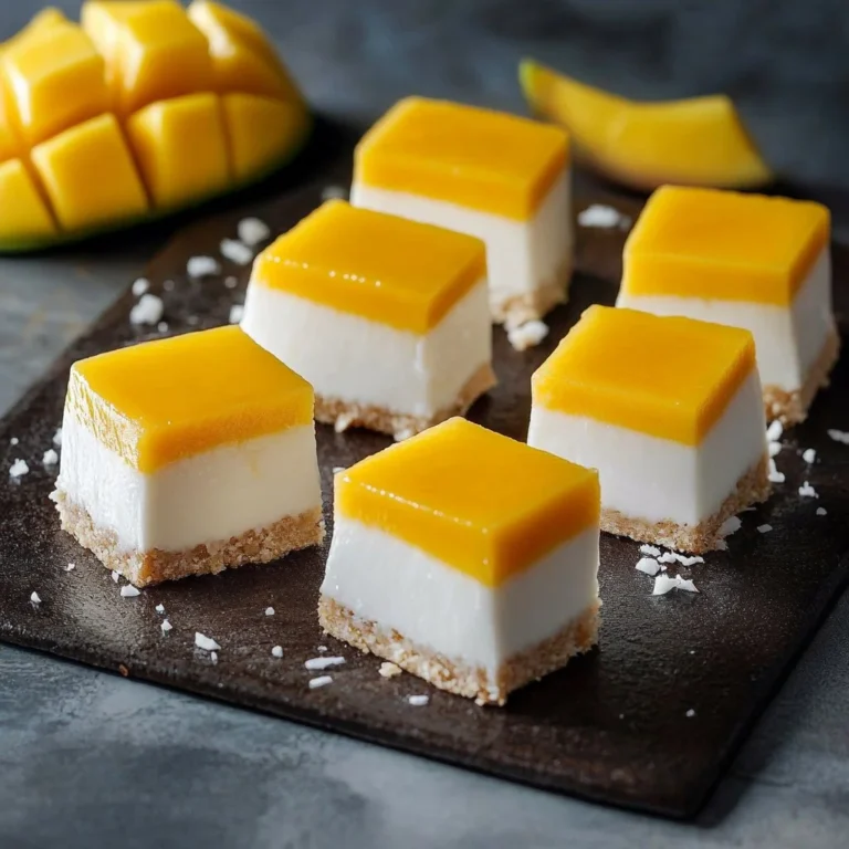 No Bake Coconut Mango Cheesecake Bars topped with mango slices and coconut flakes