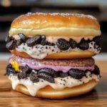 Oreo cheesecake stuffed donut burger topped with chocolate drizzle and Oreo crumbs