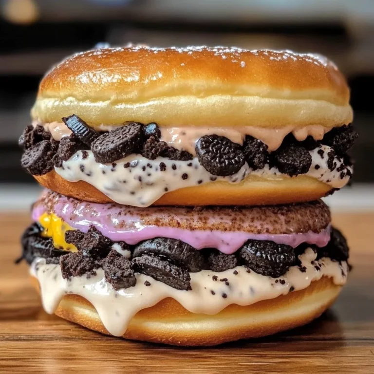 Oreo cheesecake stuffed donut burger topped with chocolate drizzle and Oreo crumbs