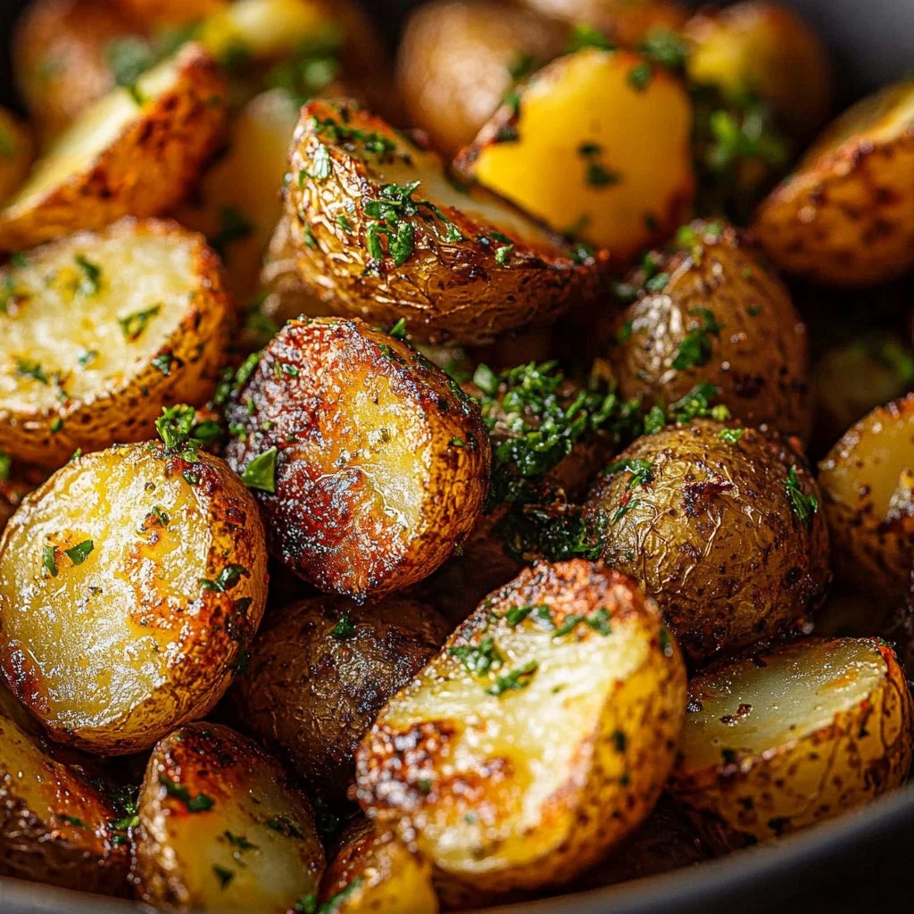 Parmesan Pesto Roasted Potatoes garnished with herbs and cheese