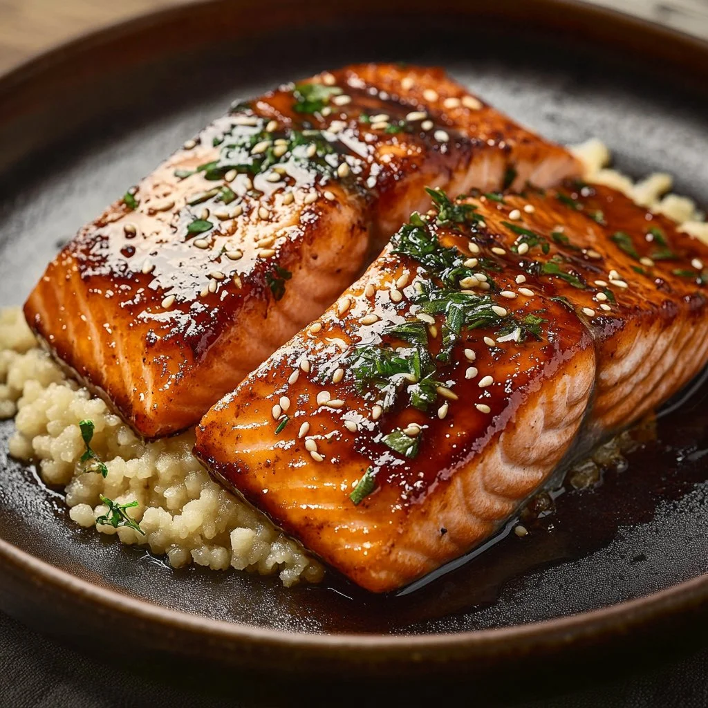 Delicious grilled salmon with sweet soy glaze on a plate