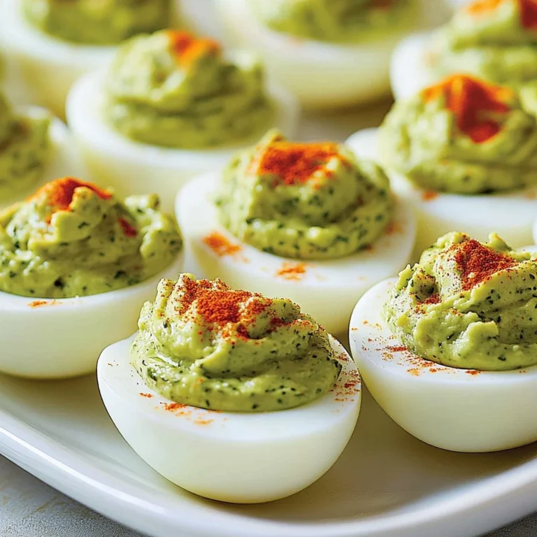 Pesto deviled eggs garnished with fresh basil and pine nuts