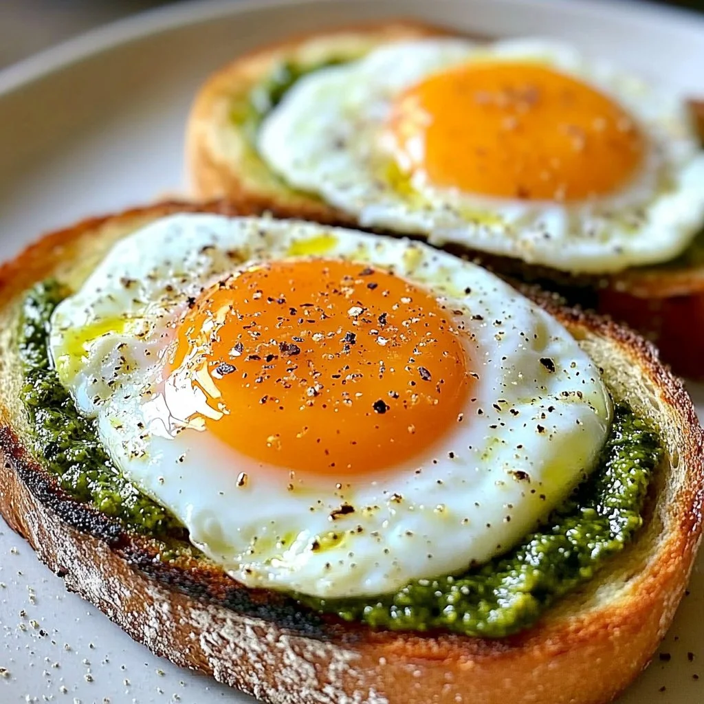 Delicious pesto fried eggs with various toppings served on a plate.