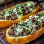 Philly cheesesteak garlic bread topped with melty cheese and fresh herbs
