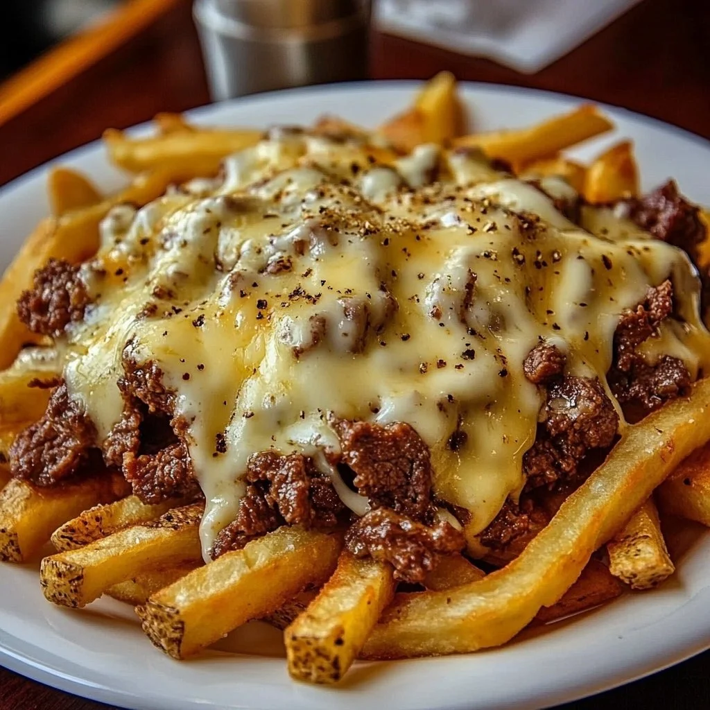 Delicious Philly Steak Cheese Fries topped with melted cheese and savory steak.