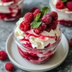 Delicious Raspberry Fool dessert topped with whipped mascarpone in a serving dish.