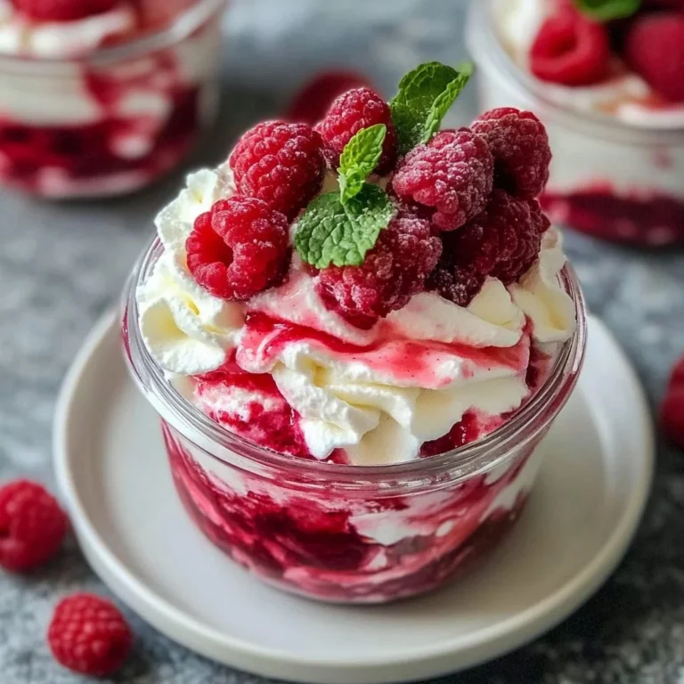 Delicious Raspberry Fool dessert topped with whipped mascarpone in a serving dish.