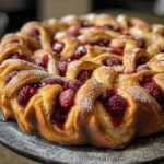 Freshly baked Raspberry Jam Twist Bread with a golden crust and vibrant filling.